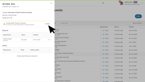 Document requests page in Xello. The side panel is open with a student's list of requests. There is a banner that says "Create profile: School Counselo. Create your Common App profile to manage requests". The cursor is clicking Create